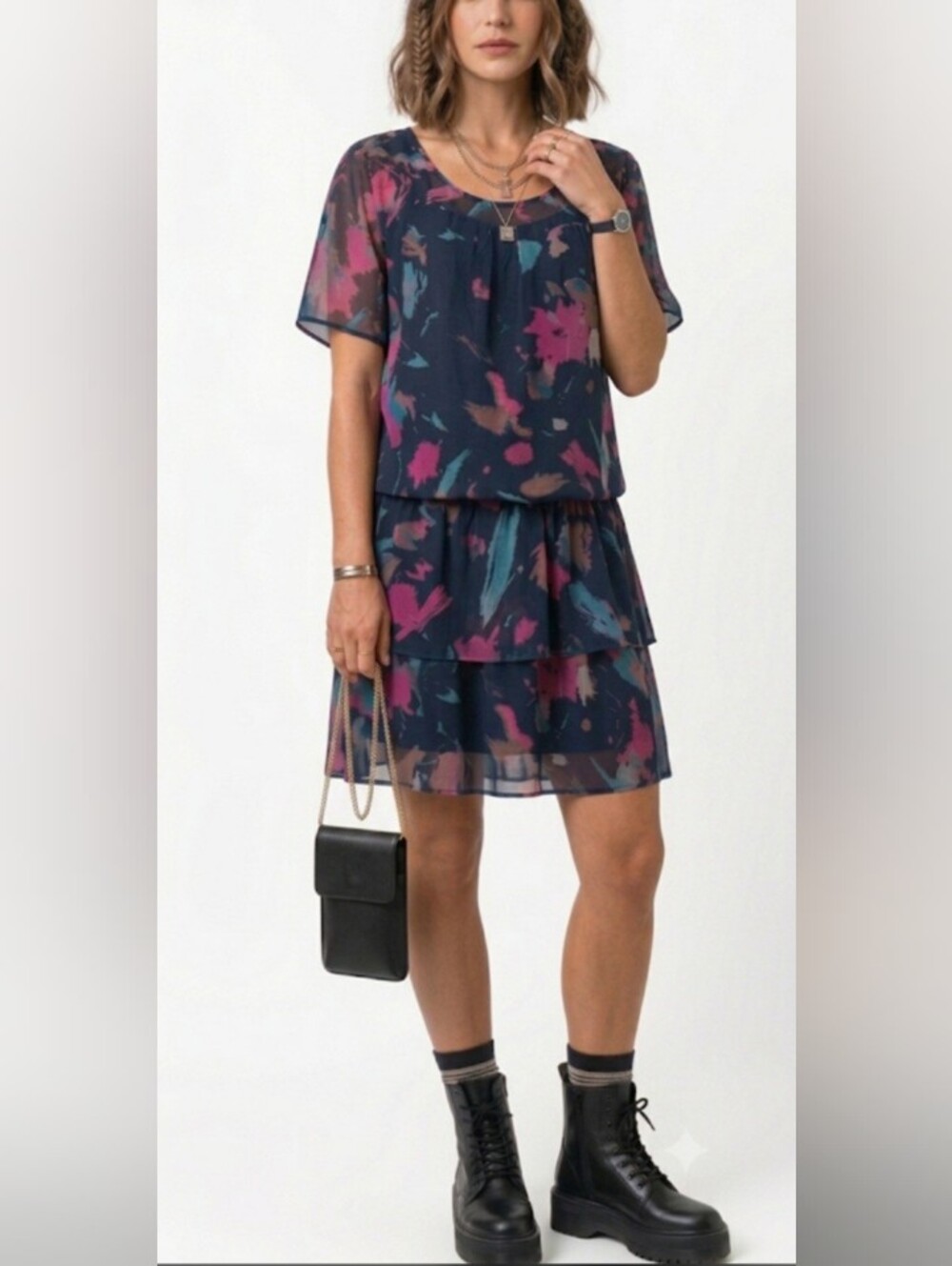 SEE BY CHLOE Tiered 100% Silk Brushstroke Floral Midi Dress Size2